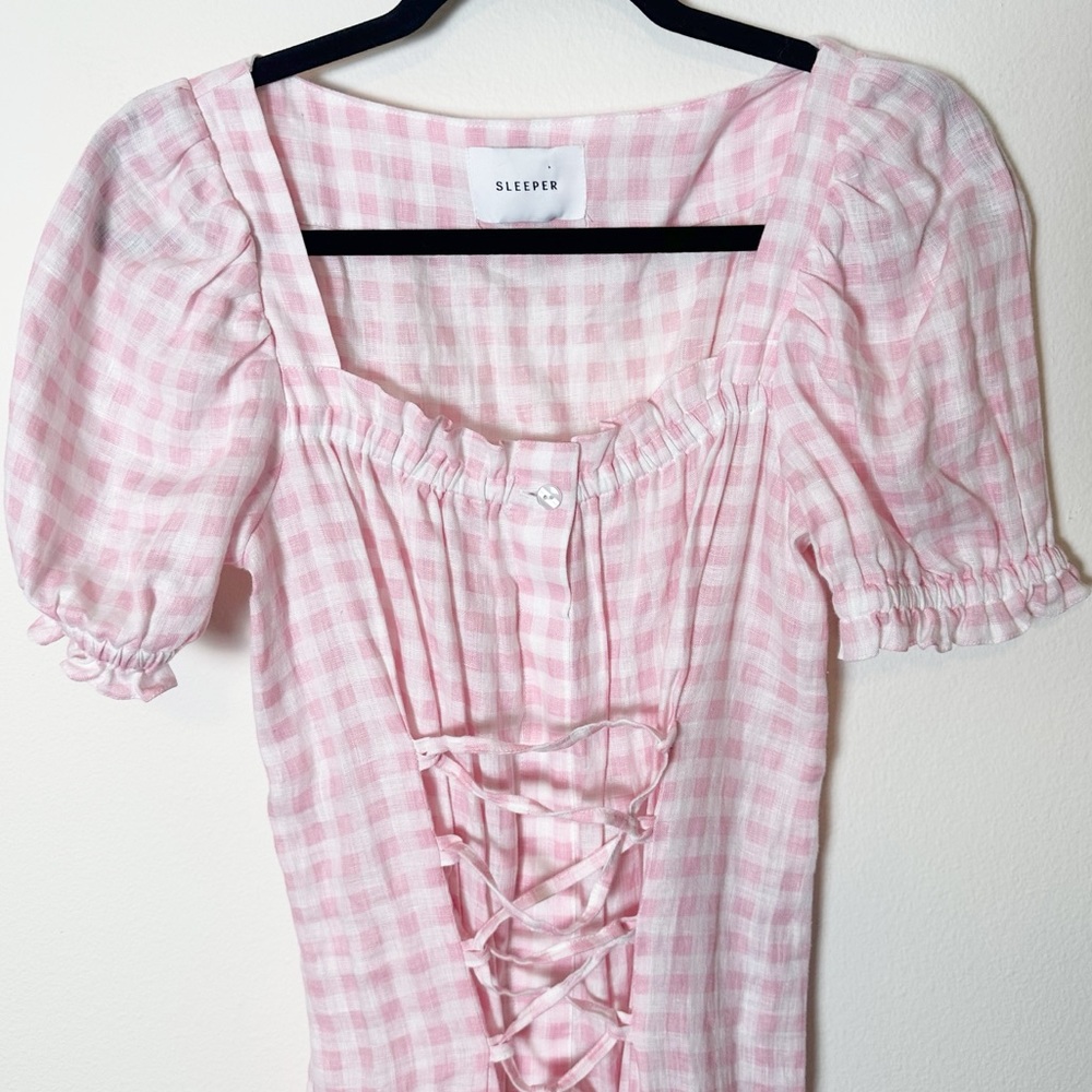 Sleeper Marquise Midi Dress Linen Pink Vichy Pink White Gingham Lace Up Medium - Picture 4 of 9